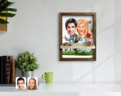 Kişiye Özel Evleniyoruz Karikatürlü Doğal Masif Ahşap Çerçeveli Tablo Duvar Rafı-3