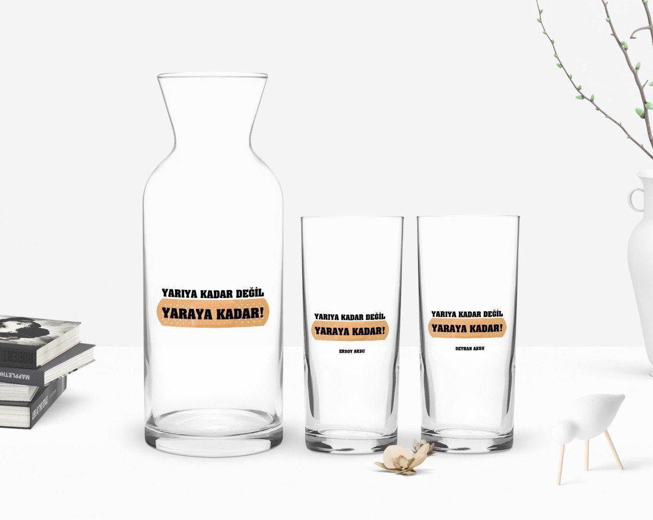 Kişiye Özel Renkli Baskılı Yarıya Kadar Değil Yaraya Kadar Tasarımlı İkili Rakı Bardağı ve Karaf Hediye Seti-1
