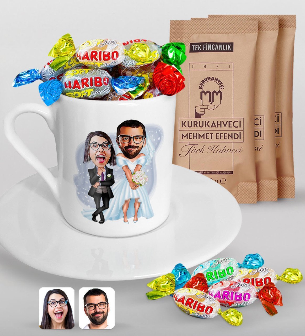 Kişiye Özel Sevgililer Karikatürlü Türk Kahvesi Fincanı Mehmet Efendi Kahve ve Haribo Şeker Hediye Seti-16