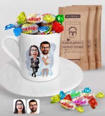 Kişiye Özel Sevgililer Karikatürlü Türk Kahvesi Fincanı Mehmet Efendi Kahve ve Haribo Şeker Hediye Seti-16