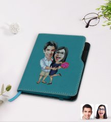 Kişiye Özel Sevgililer Karikatürlü Turkuaz Termo Deri Defter-108