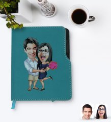 Kişiye Özel Sevgililer Karikatürlü Turkuaz Termo Deri Defter-108