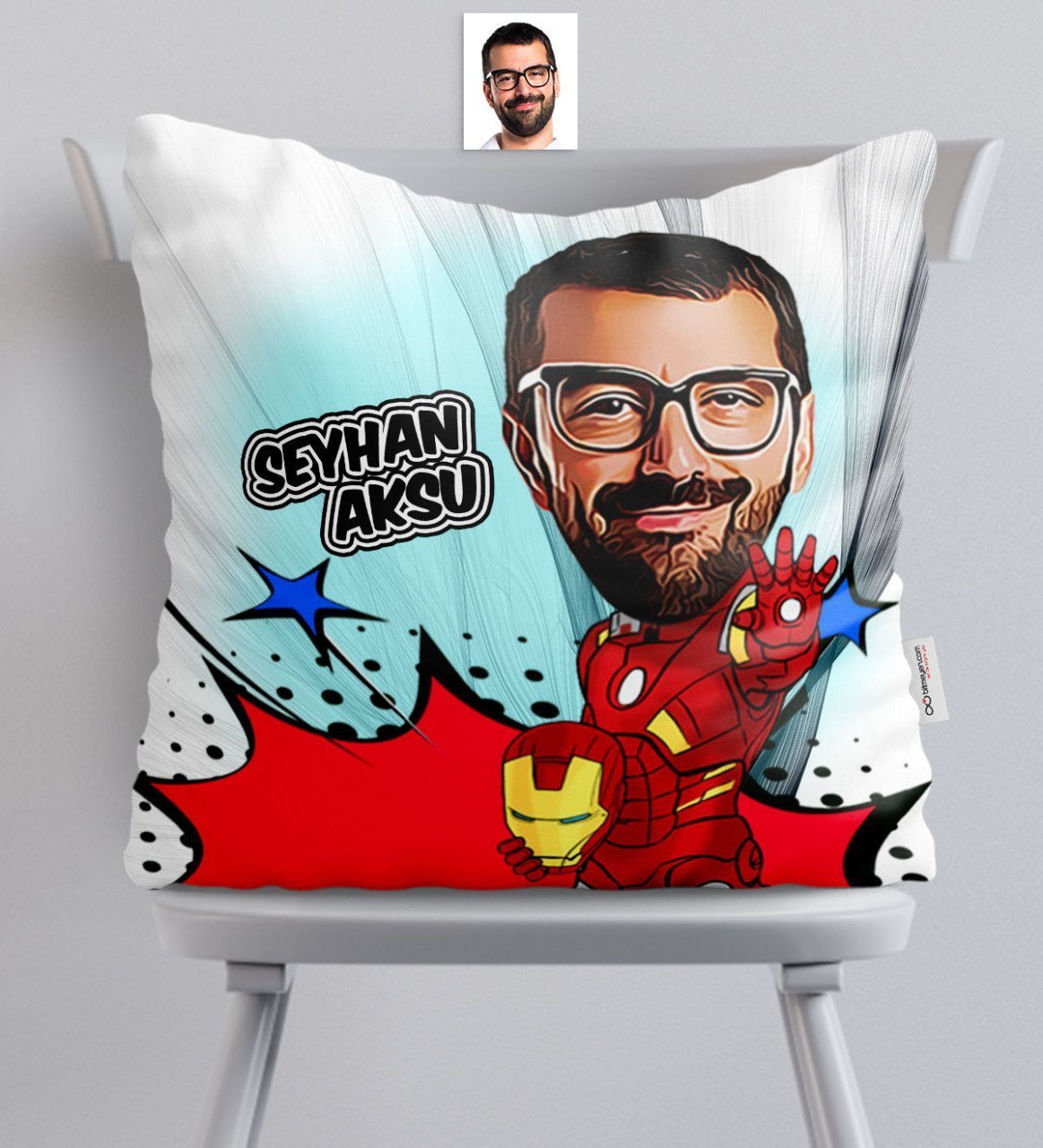 Kişiye Özel Demir Adam Karikatürlü Saten Yastık - 1