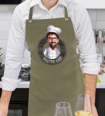 BK Gift Kişiye Özel Erkek Master Chef Karikatürlü Profesyonel Haki Yeşil Mutfak Önlüğü, Aşçı Önlüğü, Şef Önlüğü, Arkadaşa Hediye-1
