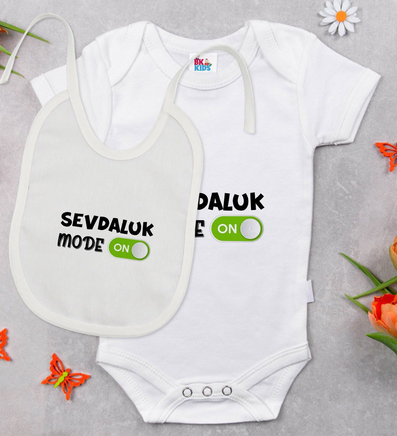 BK Kids Sevdaluk Mode Tasarımlı Beyaz Bebek Body Zıbın ve Mama Önlüğü Hediye Seti-1