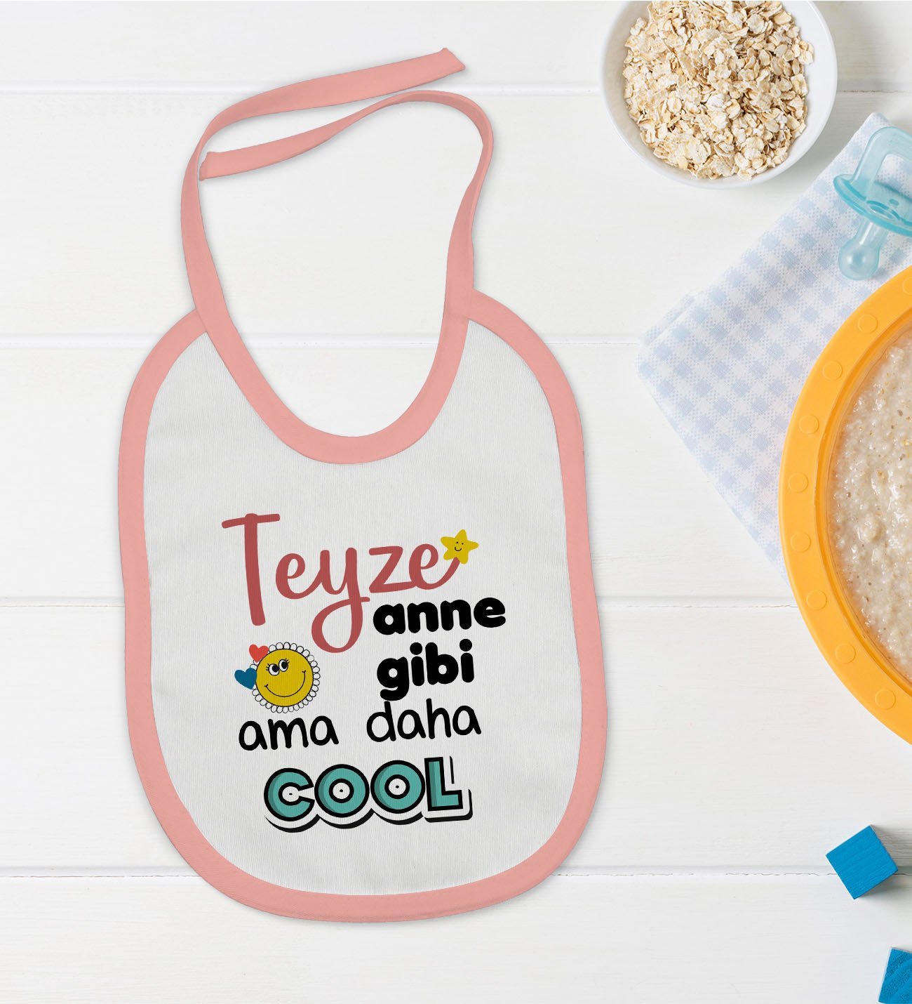 BK Kids Teyze Anne Gibi Tasarımlı Pembe Bebek Mama Önlüğü