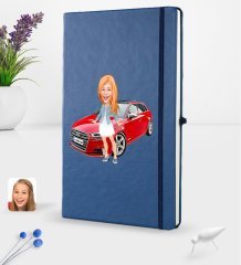 Kişiye Özel Plakalı Kadın Audi A3 Karikatürlü Lacivert Termo Deri Defter 16x24cm Model 1