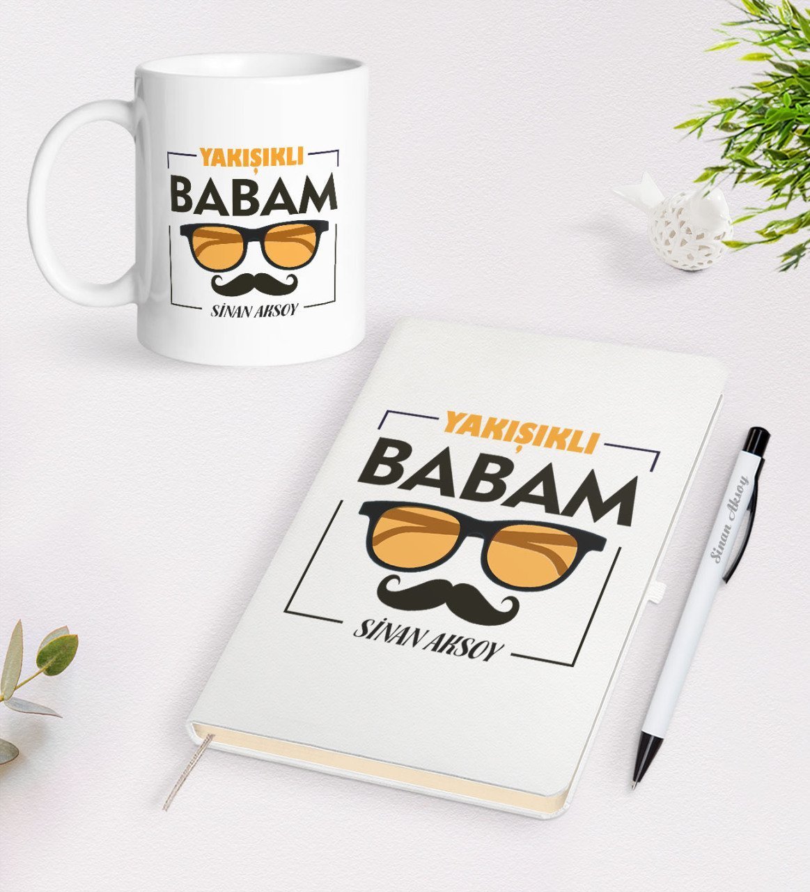 Kişiye Özel Yakışıklı Babam Tasarımlı Beyaz Defter Kalem Kupa Seti - Model 2