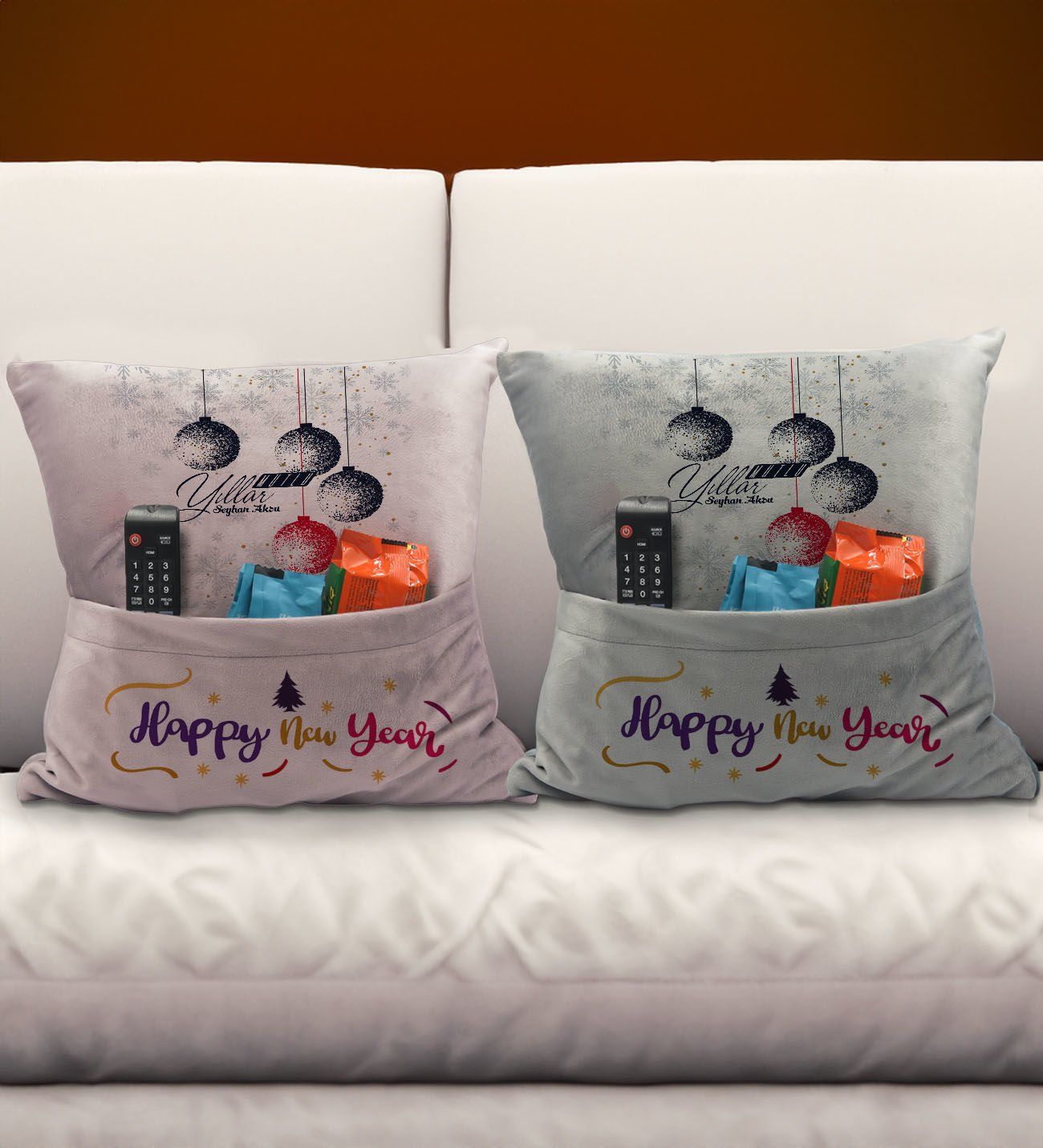 BK Gift Kişiye Özel Yılbaşı Tasarımlı 2'li Organizer Kumanda ve Atıştırmalık Cepli Pembe&Gri Kırlent Yastık- 4, Yılbaşı Hediyesi, Yeni Yıl Hediyeleri