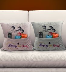 BK Gift Kişiye Özel Yılbaşı Tasarımlı 2'li Organizer Kumanda ve Atıştırmalık Cepli Pembe&Gri Kırlent Yastık- 4, Yılbaşı Hediyesi, Yeni Yıl Hediyeleri