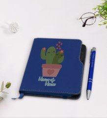 Kişiye Özel Kaktüs Tasarımlı Lacivert Termo Deri Defter Kalem Seti-11
