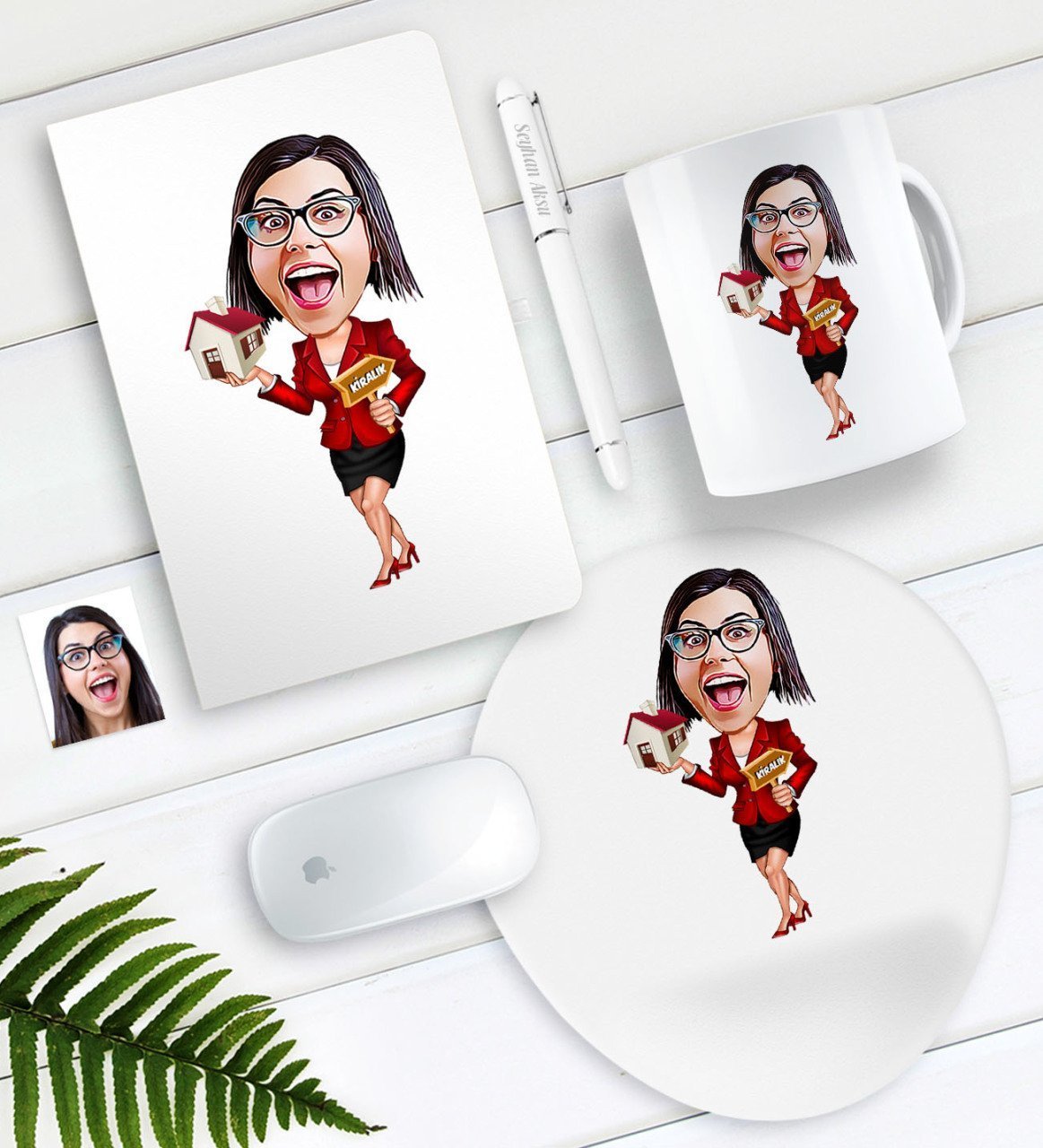 Kişiye Özel Bayan Gayrimenkul Danışmanı Karikatürlü Defter Kalem Kupa Mouse Pad Seti
