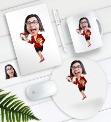 Kişiye Özel Bayan Gayrimenkul Danışmanı Karikatürlü Defter Kalem Kupa Mouse Pad Seti