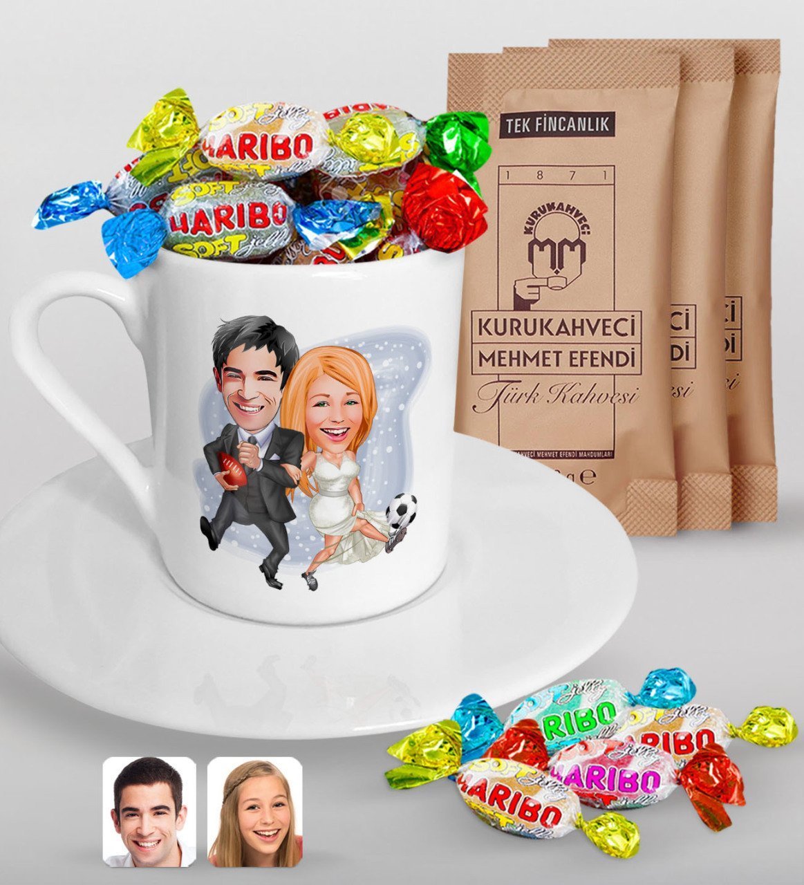 Kişiye Özel Sevgililer Karikatürlü Türk Kahvesi Fincanı Mehmet Efendi Kahve ve Haribo Şeker Hediye Seti-15