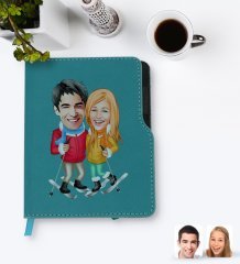 Kişiye Özel Sevgililer Karikatürlü Turkuaz Termo Deri Defter-107