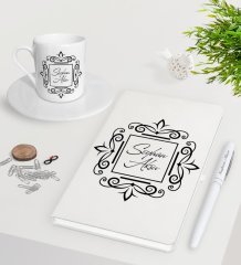 Kişiye Özel İsimli Beyaz Defter Kalem Türk Kahvesi Fincanı Seti-1