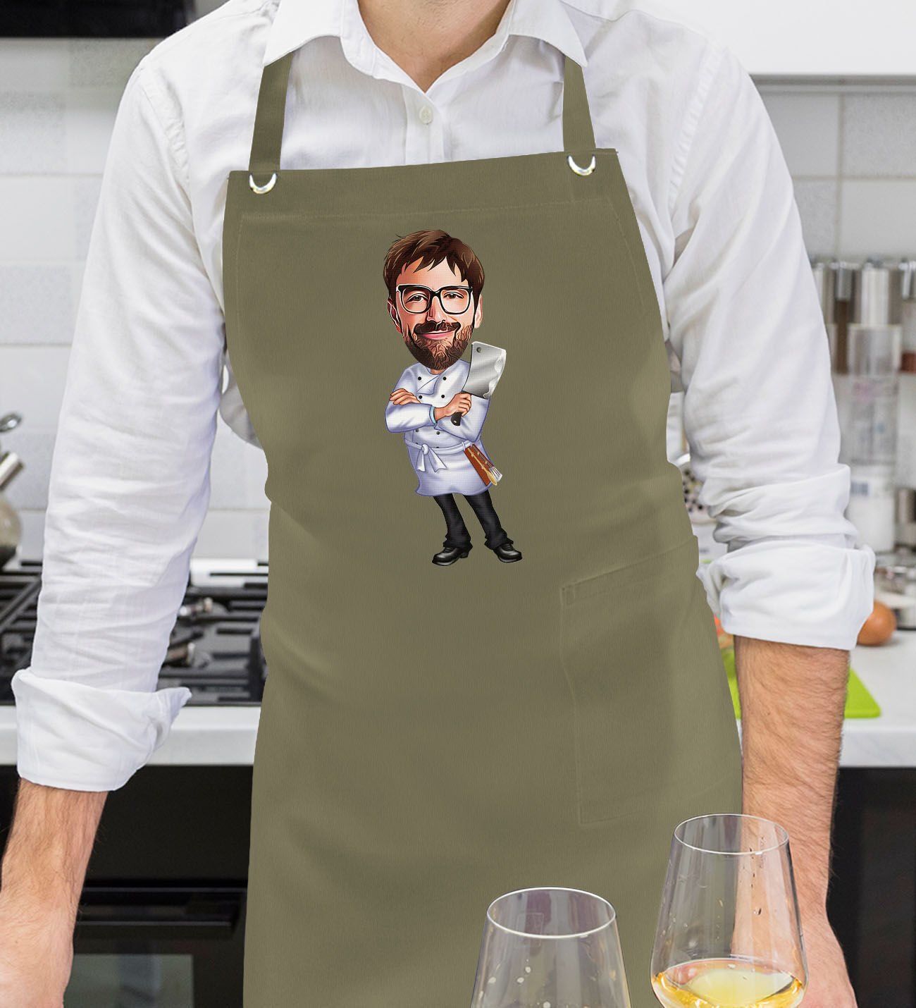 BK Gift Kişiye Özel Erkek Chef Karikatürlü Profesyonel Haki Yeşil Mutfak Önlüğü, Aşçı Önlüğü, Şef Önlüğü, Arkadaşa Hediye-20