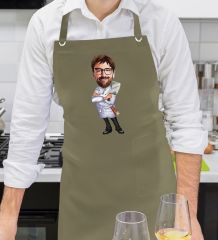 BK Gift Kişiye Özel Erkek Chef Karikatürlü Profesyonel Haki Yeşil Mutfak Önlüğü, Aşçı Önlüğü, Şef Önlüğü, Arkadaşa Hediye-20