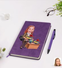 Kişiye Özel Kadın Öğretmen Karikatürlü Mor Termo Deri Defter Kalem Seti Model 4