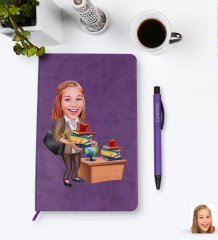 Kişiye Özel Kadın Öğretmen Karikatürlü Mor Termo Deri Defter Kalem Seti Model 4