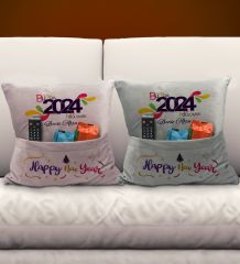 BK Gift Kişiye Özel Yılbaşı Tasarımlı 2'li Organizer Kumanda ve Atıştırmalık Cepli Pembe&Gri Kırlent Yastık- 3, Yılbaşı Hediyesi, Yeni Yıl Hediyeleri