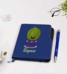Kişiye Özel Kaktüs Tasarımlı Lacivert Termo Deri Defter Kalem Seti-10