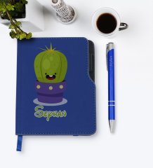Kişiye Özel Kaktüs Tasarımlı Lacivert Termo Deri Defter Kalem Seti-10