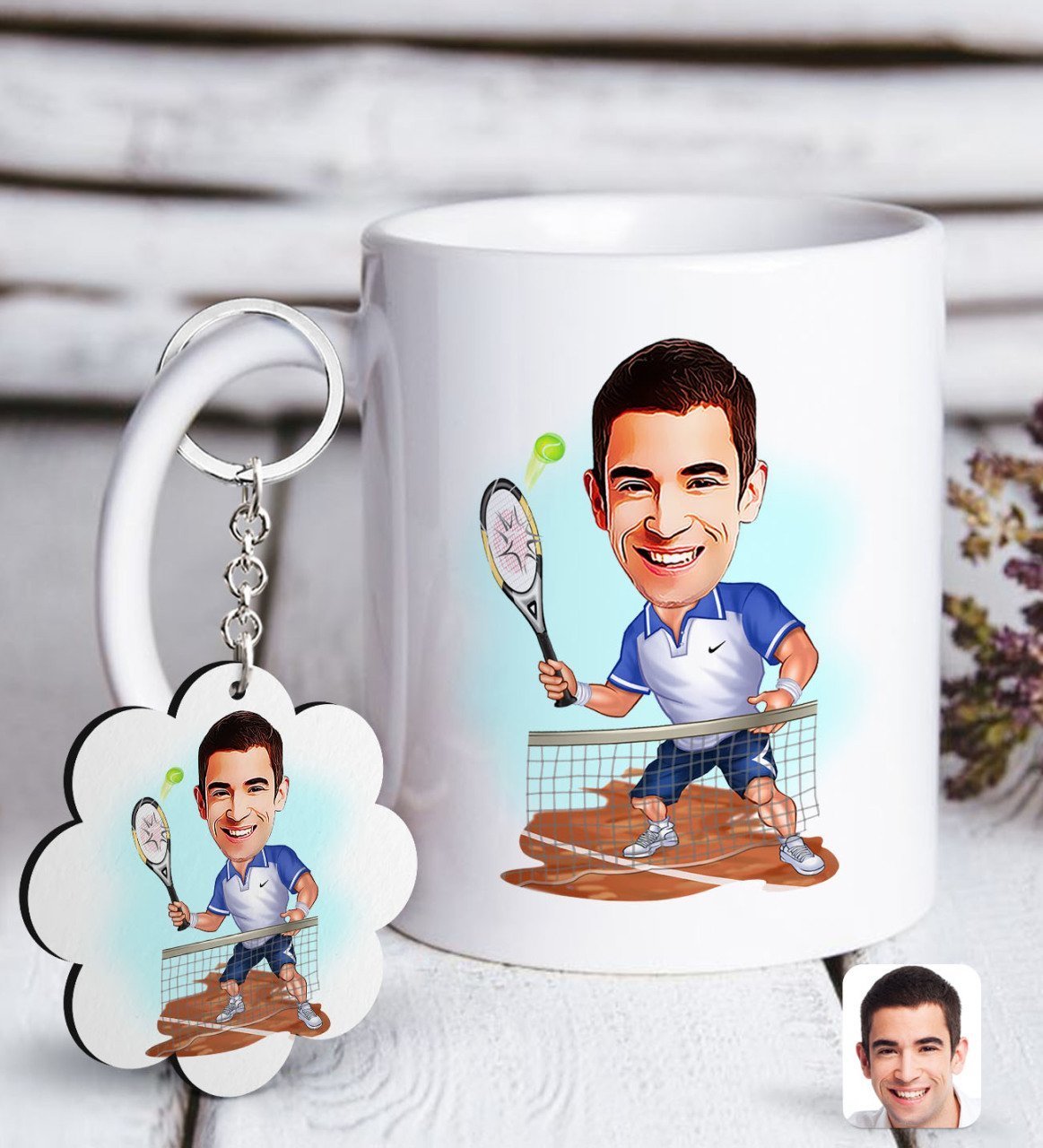 Kişiye Özel Erkek Tenis Oyuncusu Karikatürlü Beyaz Kupa ve Anahtarlık Hediye Seti-1