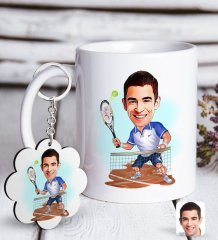 Kişiye Özel Erkek Tenis Oyuncusu Karikatürlü Beyaz Kupa ve Anahtarlık Hediye Seti-1