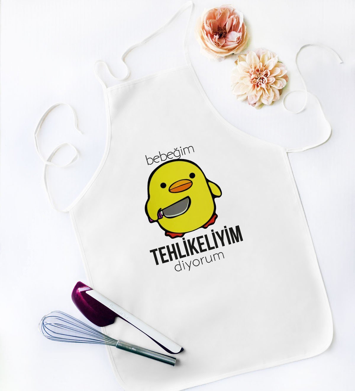 BK Gift Bebeğim Tehlikeliyim Diyorum Tasarımlı Beyaz Mutfak Önlüğü - Model 1