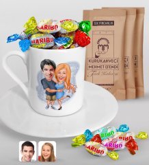 Kişiye Özel Sevgililer Karikatürlü Türk Kahvesi Fincanı Mehmet Efendi Kahve ve Haribo Şeker Hediye Seti-14