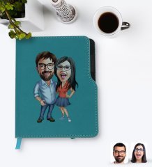 Kişiye Özel Sevgililer Karikatürlü Turkuaz Termo Deri Defter-105