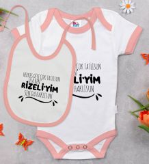 BK Kids Rizeliyim Tasarımlı Pembe Bebek Body Zıbın ve Mama Önlüğü Hediye Seti-1
