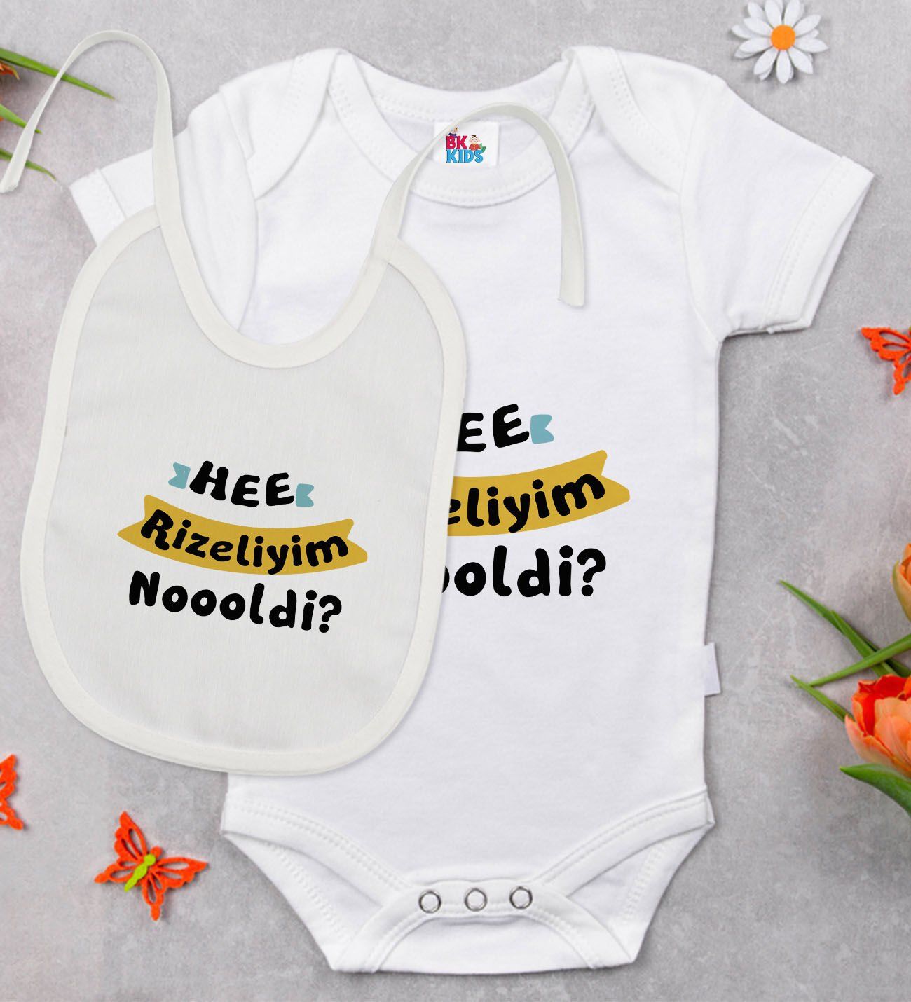 BK Kids Rizeliyim Tasarımlı Beyaz Bebek Body Zıbın ve Mama Önlüğü Hediye Seti-2