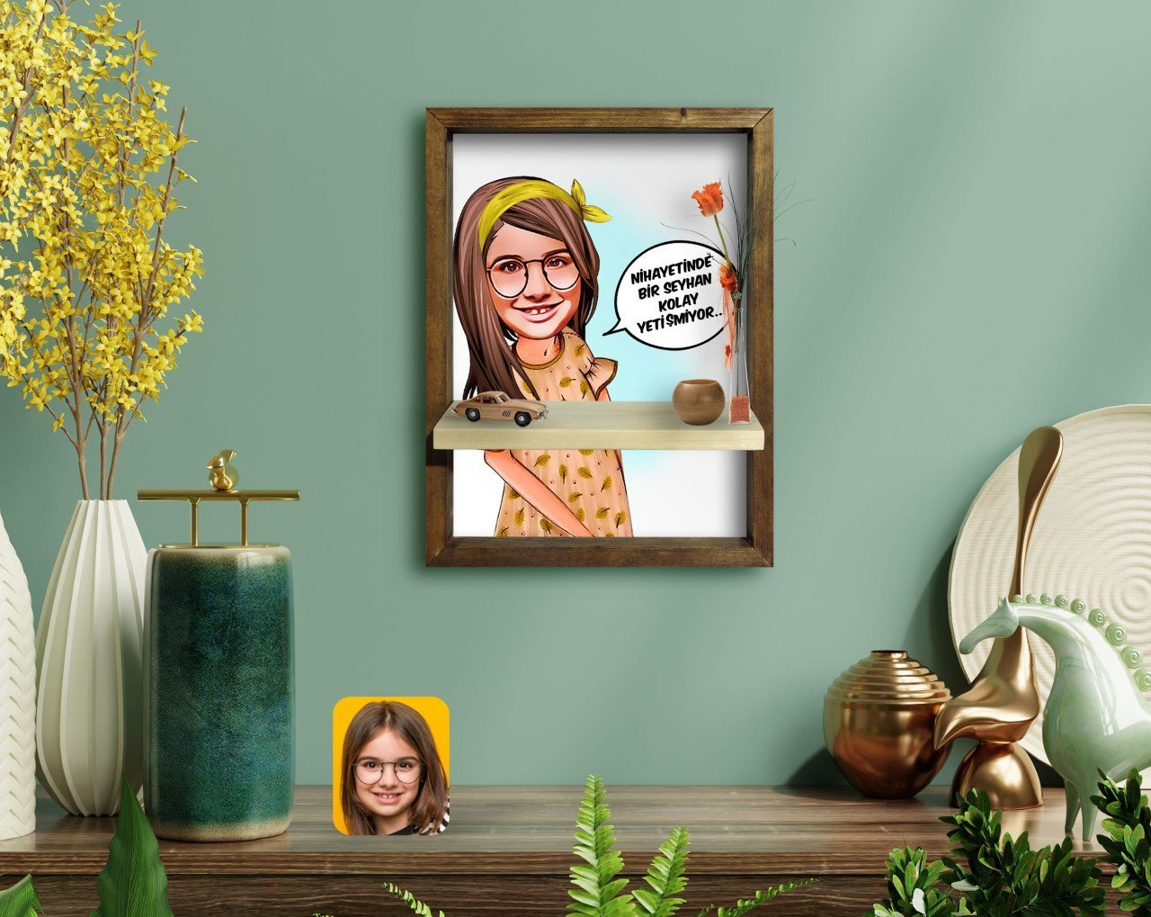 Kişiye Özel Kız Çocuk Kolay Yetişmiyor Karikatürlü Doğal Masif Ahşap Çerçeveli Tablo Duvar Rafı-2