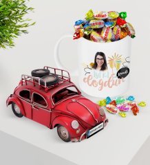Kişiye Özel Fotoğraflı Doğum Günü Plakalı Nostaljik Kırmızı Metal Vosvos ve Kupa Haribo Şeker Seti-10