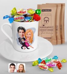 Kişiye Özel Sevgililer Karikatürlü Türk Kahvesi Fincanı Mehmet Efendi Kahve ve Haribo Şeker Hediye Seti-13