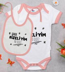BK Kids Rizeliyim Ne Oldi Tasarımlı Pembe Bebek Body Zıbın ve Mama Önlüğü Hediye Seti-1
