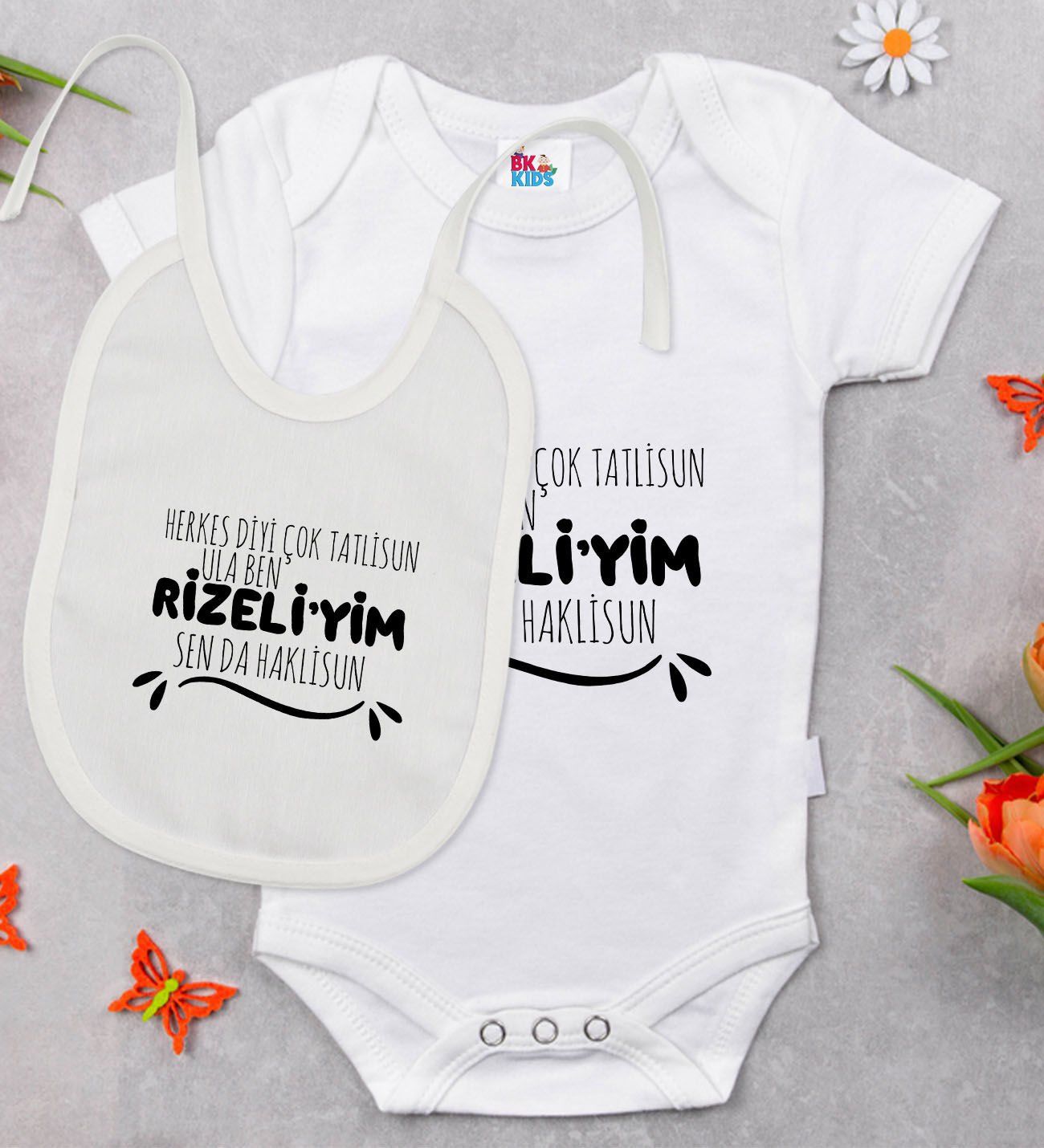BK Kids Rizeliyim Tasarımlı Beyaz Bebek Body Zıbın ve Mama Önlüğü Hediye Seti-1