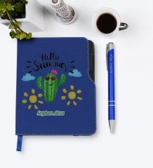 Kişiye Özel Kaktüs Tasarımlı Lacivert Termo Deri Defter Kalem Seti-8