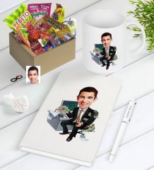 Kişiye Özel Bay Bankacı Karikatürlü Nostaljik Lezzetler Defter Kalem Kupa Hediye Seti-2