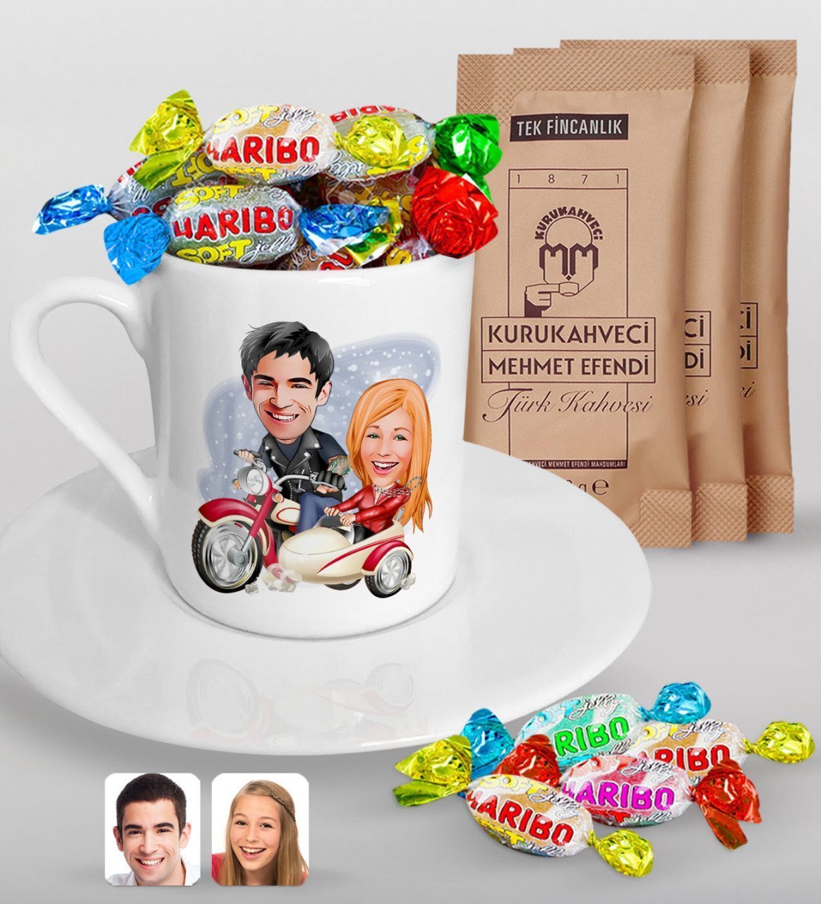 Kişiye Özel Sevgililer Karikatürlü Türk Kahvesi Fincanı Mehmet Efendi Kahve ve Haribo Şeker Hediye Seti-12