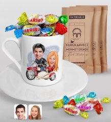 Kişiye Özel Sevgililer Karikatürlü Türk Kahvesi Fincanı Mehmet Efendi Kahve ve Haribo Şeker Hediye Seti-12