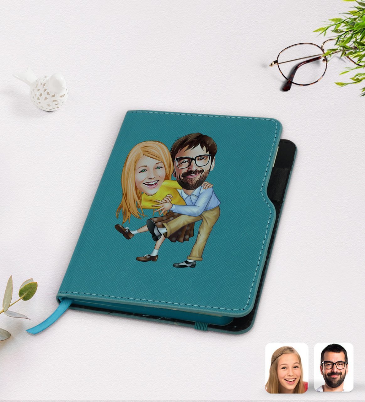 Kişiye Özel Sevgililer Karikatürlü Turkuaz Termo Deri Defter-102
