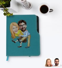 Kişiye Özel Sevgililer Karikatürlü Turkuaz Termo Deri Defter-102