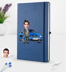 Kişiye Özel Plakalı Erkek Scirocco Beetle Karikatürlü Lacivert Termo Deri Defter 16x24cm Model 1