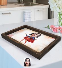 Kişiye Özel Süper Anne Karikatürlü Doğal Ahşap Tepsi-1