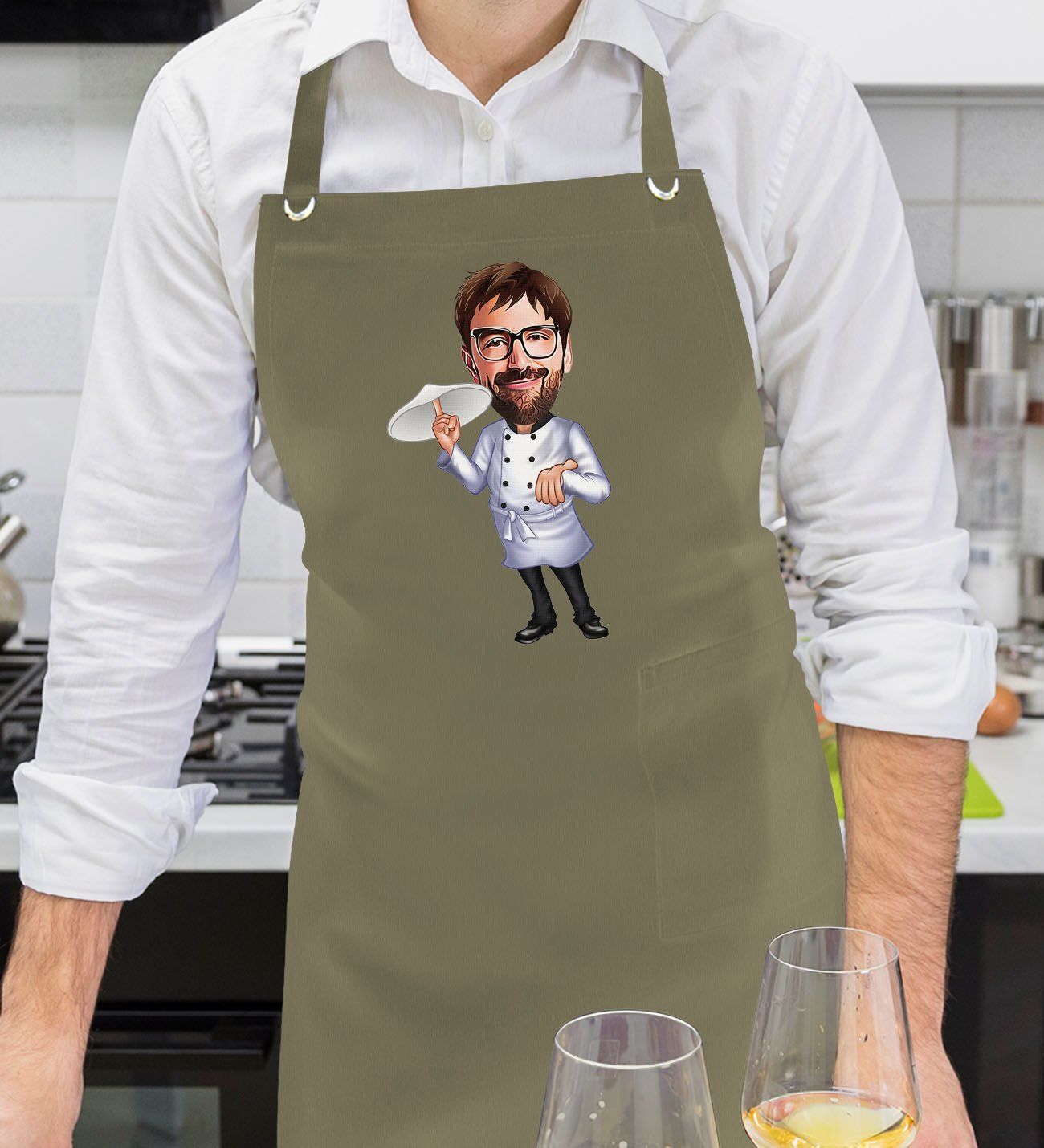 BK Gift Kişiye Özel Chef Pizza Karikatürlü Profesyonel Haki Yeşil Mutfak Önlüğü, Aşçı Önlüğü, Şef Önlüğü, Arkadaşa Hediye-1