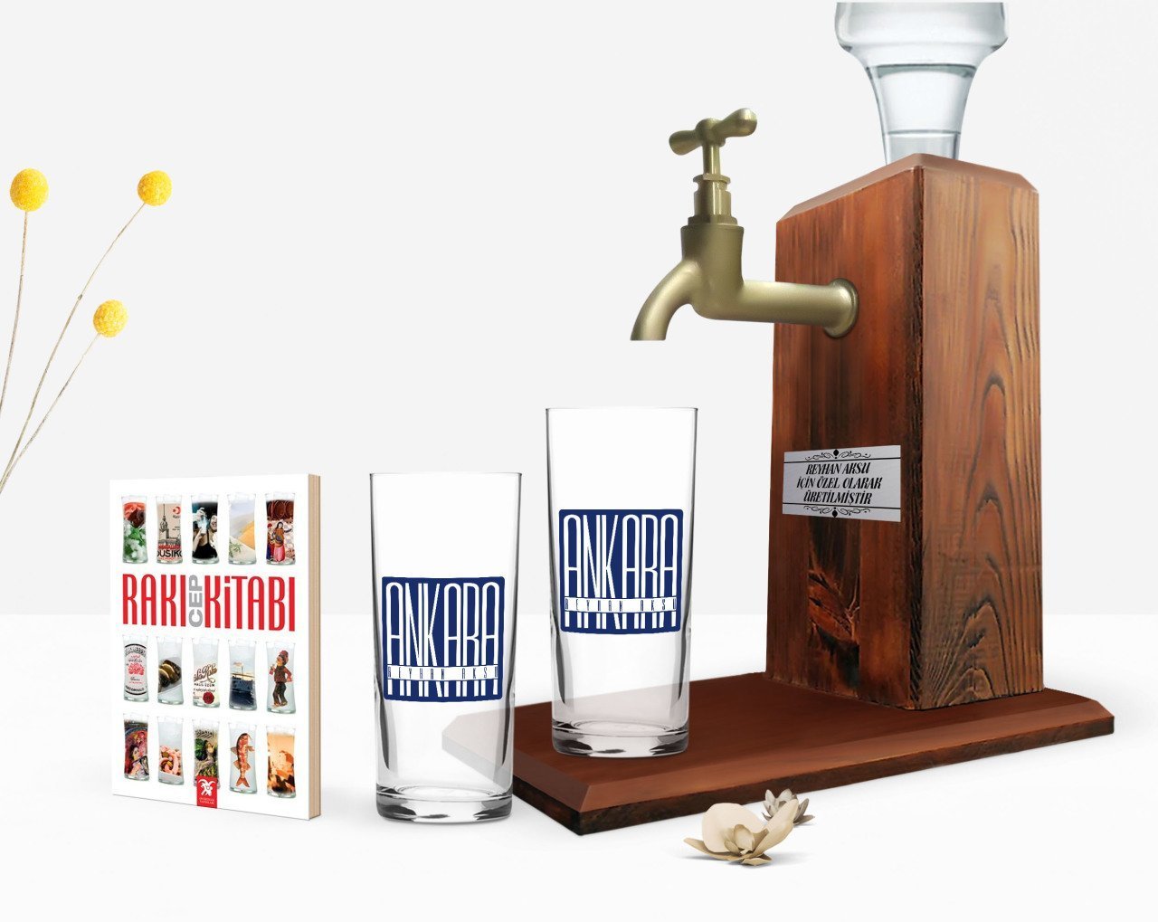 Kişiye Özel Renkli Baskılı Ankara Tasarımlı Turistik İkili Rakı Bardağı Ahşap Rakı Standı ve Cep Kitabı Hediye Seti-2