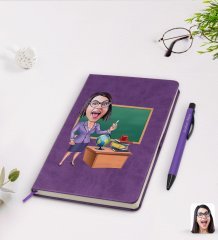 Kişiye Özel Kadın Öğretmen Karikatürlü Mor Termo Deri Defter Kalem Seti Model 1